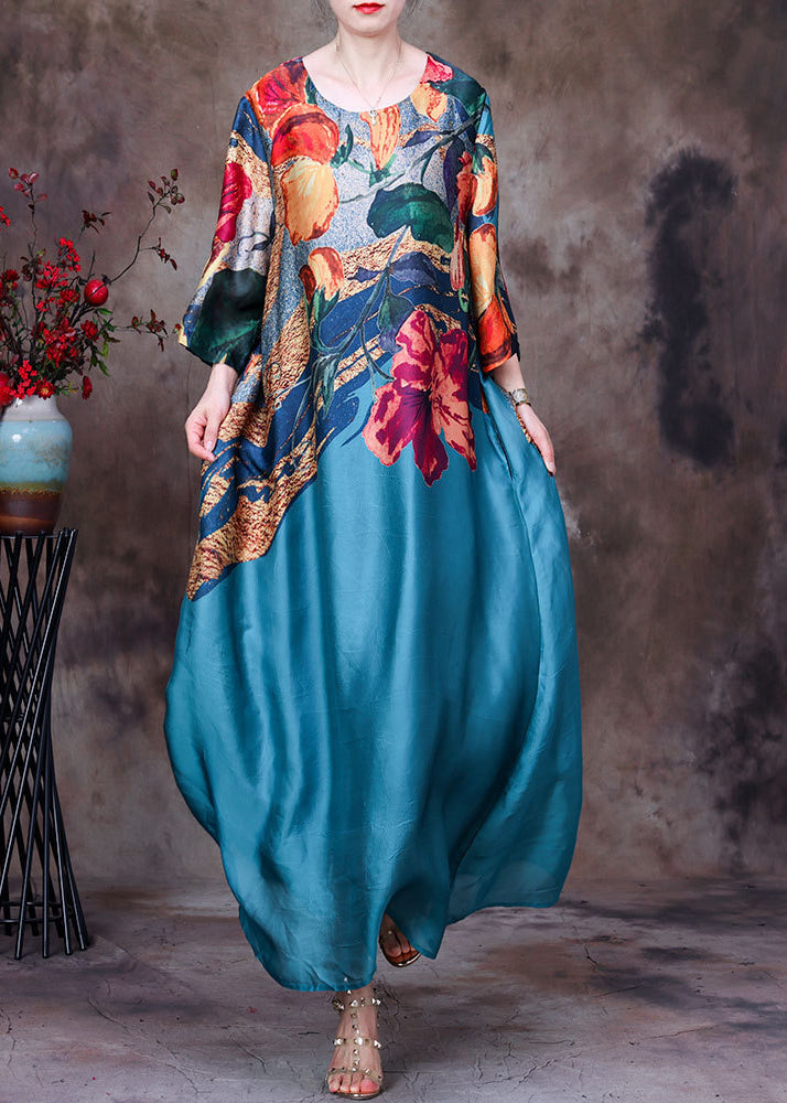 Floral Abstract Print Round Neck Long Sleeve Loose Chiffon Maxi Dress