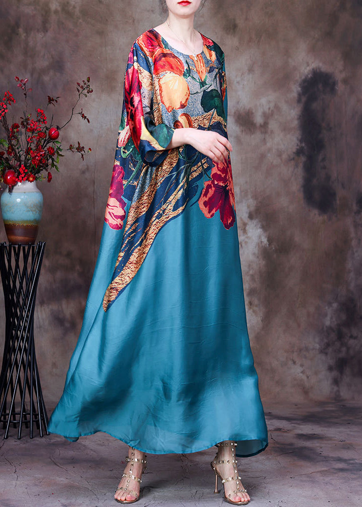 Floral Abstract Print Round Neck Long Sleeve Loose Chiffon Maxi Dress - View 2