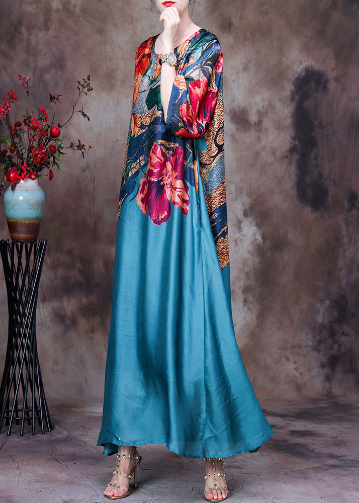 Floral Abstract Print Round Neck Long Sleeve Loose Chiffon Maxi Dress - View 3