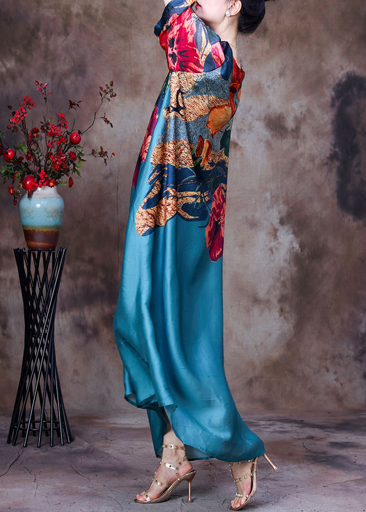 Floral Abstract Print Round Neck Long Sleeve Loose Chiffon Maxi Dress - View 4
