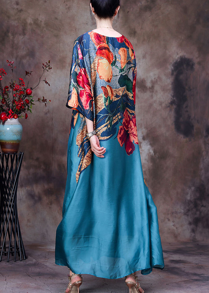 Floral Abstract Print Round Neck Long Sleeve Loose Chiffon Maxi Dress - View 5