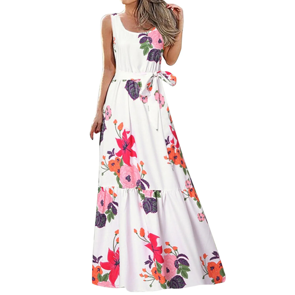 Bohemian Floral Long Summer Casual Maxi Sleeveless Lace Up Tank Vintage Party Robe Dress