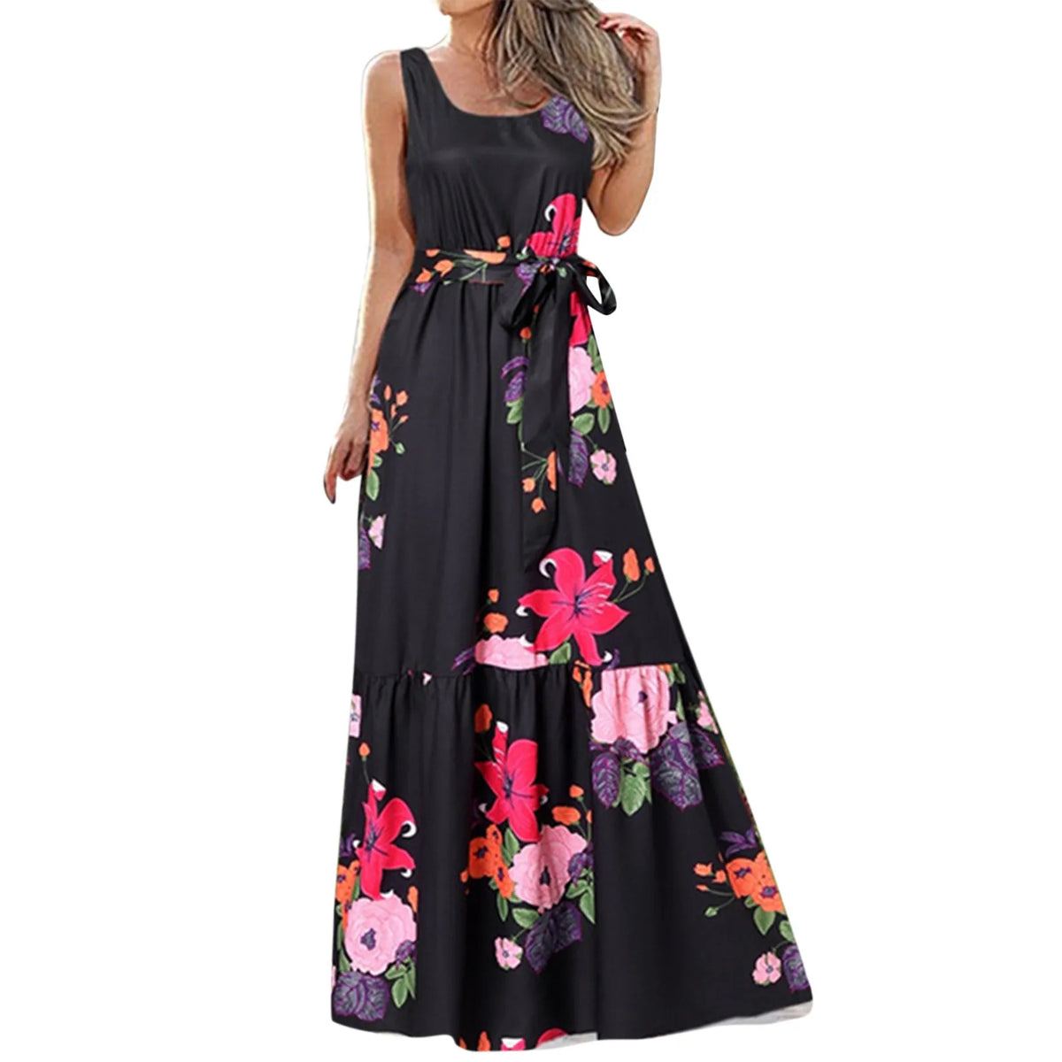 Bohemian Floral Long Summer Casual Maxi Sleeveless Lace Up Tank Vintage Party Robe Dress 2
