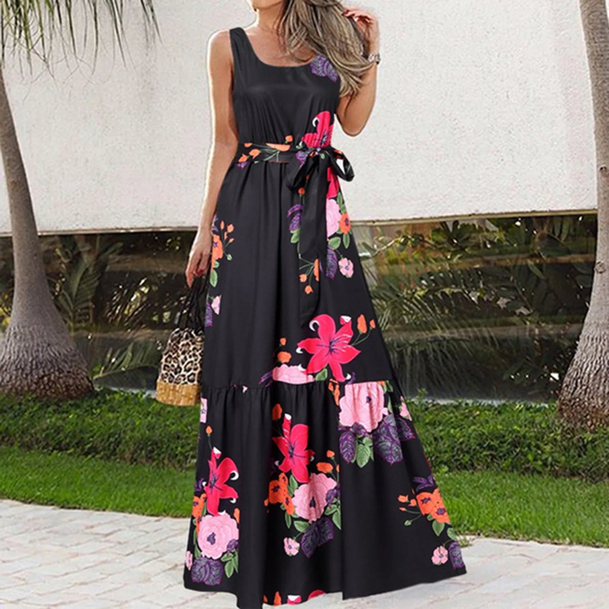 Bohemian Floral Long Summer Casual Maxi Sleeveless Lace Up Tank Vintage Party Robe Dress 7
