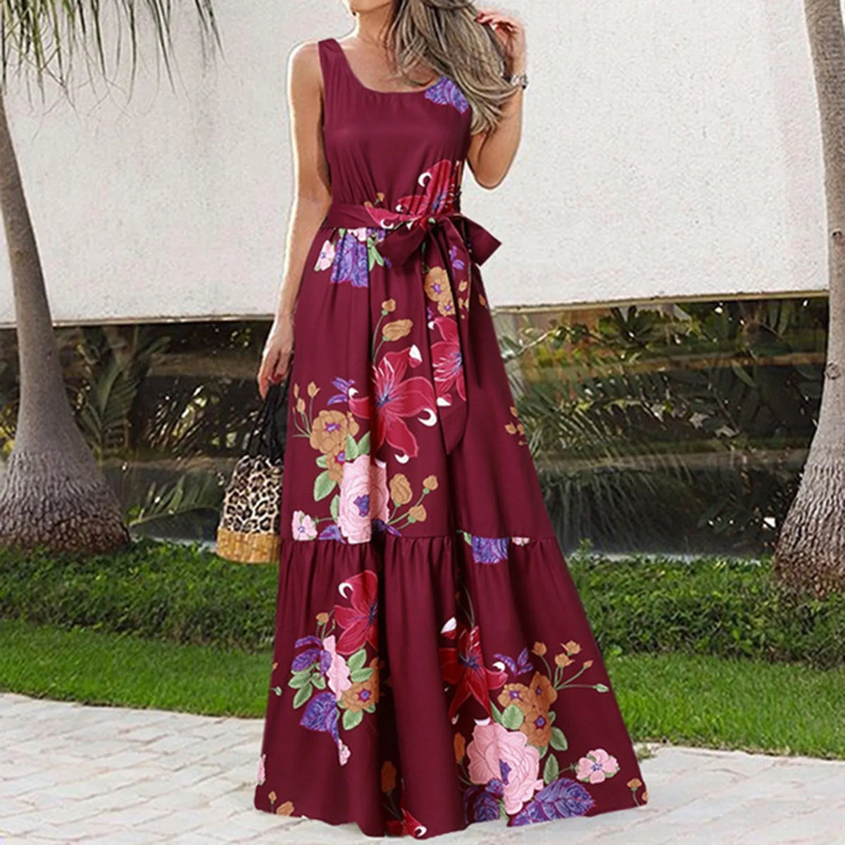 Bohemian Floral Long Summer Casual Maxi Sleeveless Lace Up Tank Vintage Party Robe Dress 9