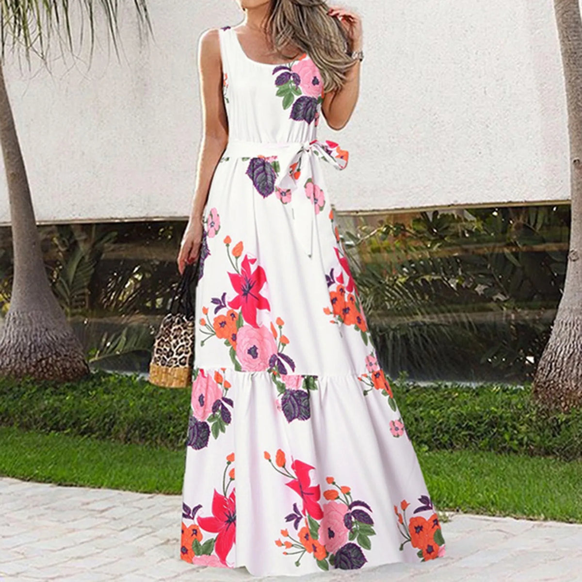 Bohemian Floral Long Summer Casual Maxi Sleeveless Lace Up Tank Vintage Party Robe Dress 8