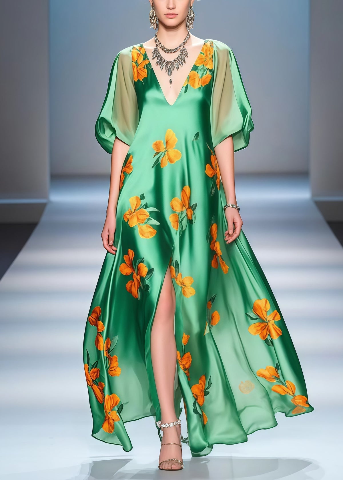 Floral Print Deep V-Neck Puff Sleeve High Split Maxi Party Dress