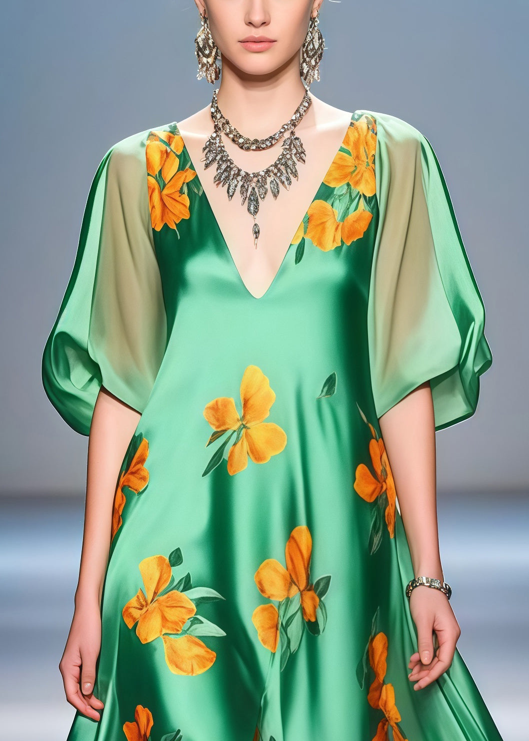 Floral Print Deep V-Neck Puff Sleeve High Split Maxi Party Dress - View 2