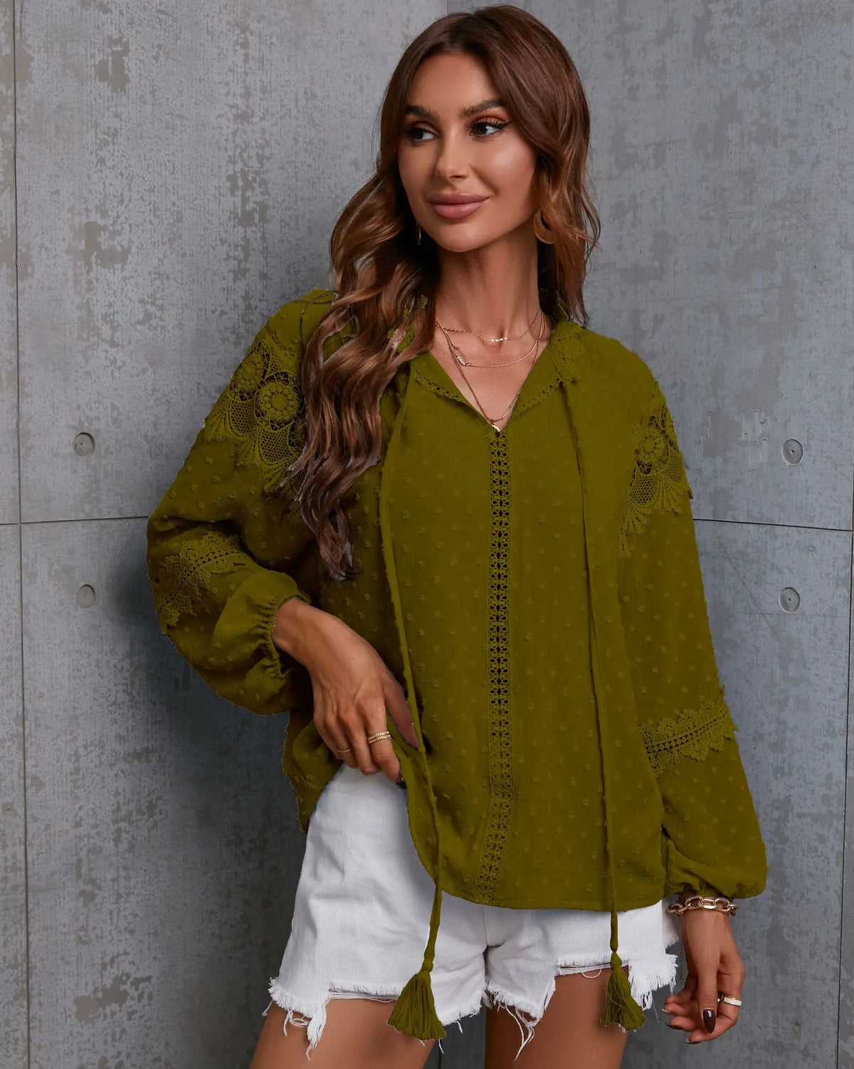 Bohemian Lace Hollow Out Tassel Oversize Boho Blouse Green / S bohoblouse-250126