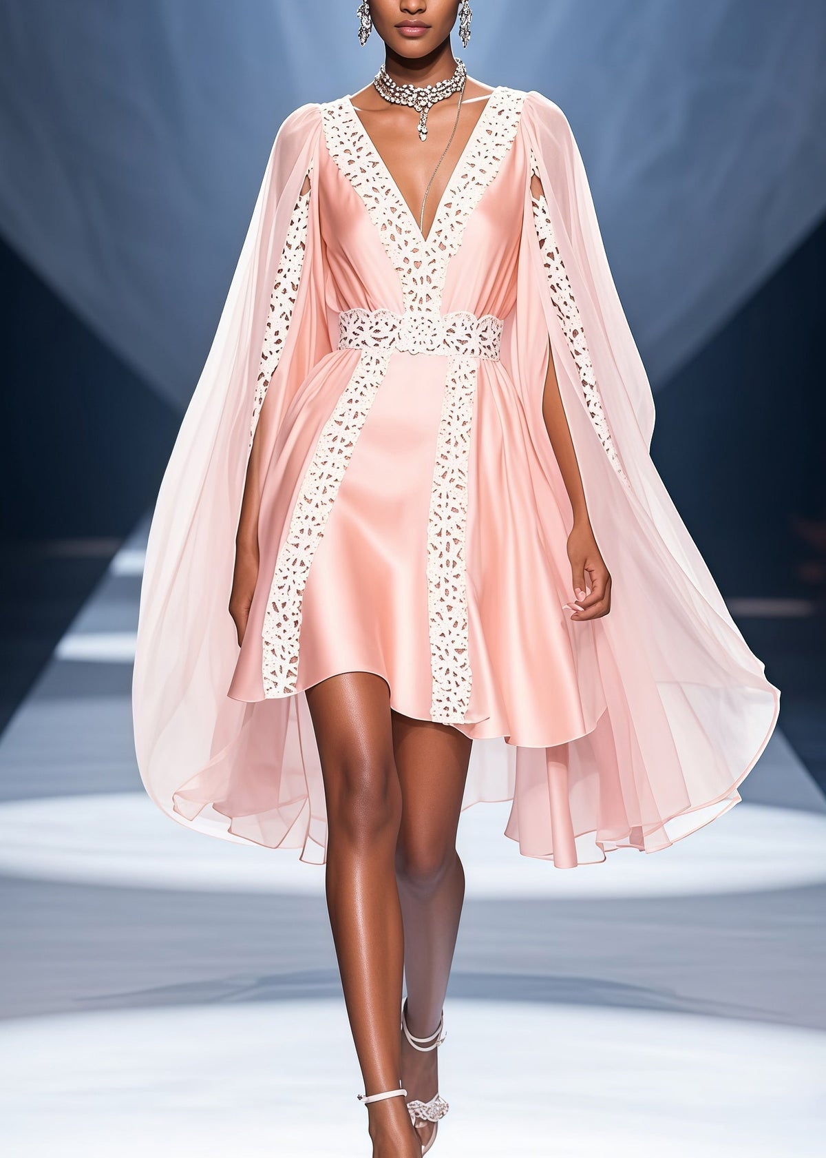 Deep V-Neck Satin Lace Trim High Low Cape Overlay Mini Dress