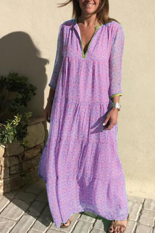 Bohemian Print Split-Neck Long Sleeve Tiered Maxi Dress