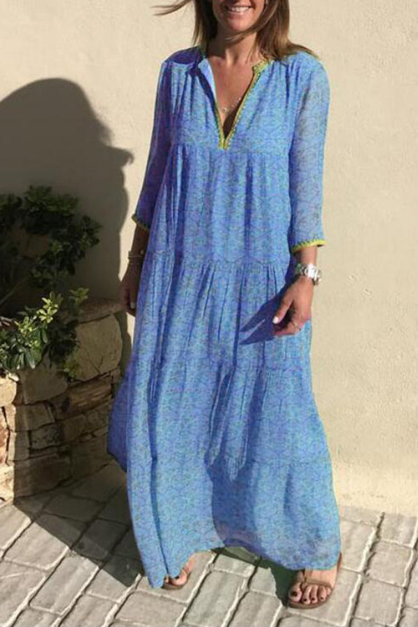 Bohemian Print Split-Neck Long Sleeve Tiered Maxi Dress 2