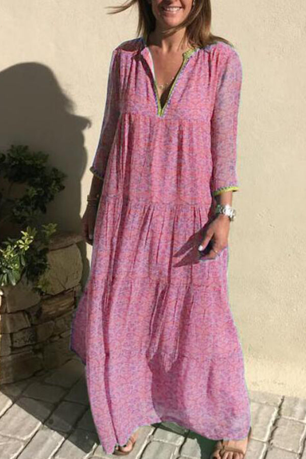 Bohemian Print Split-Neck Long Sleeve Tiered Maxi Dress 3