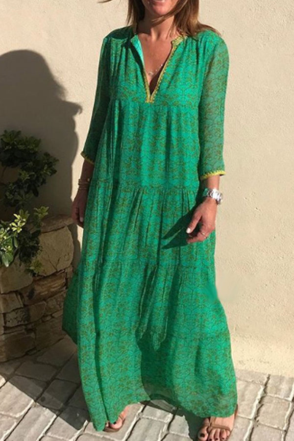 Bohemian Print Split-Neck Long Sleeve Tiered Maxi Dress 4