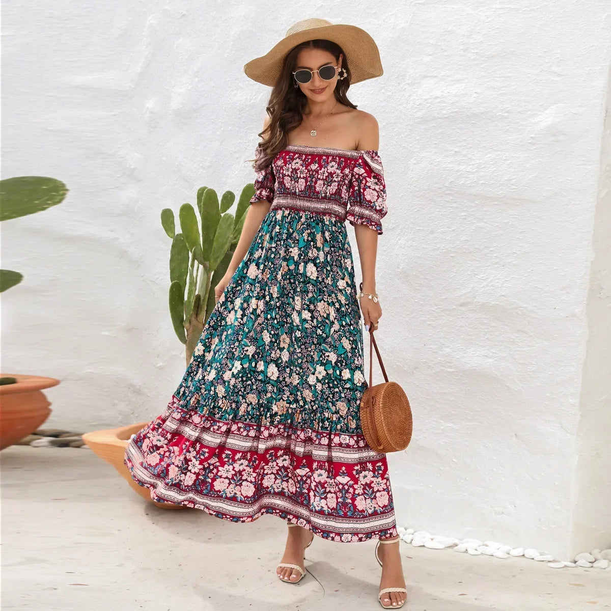 Floral Print Off Shoulder Tiered Maxi Dress