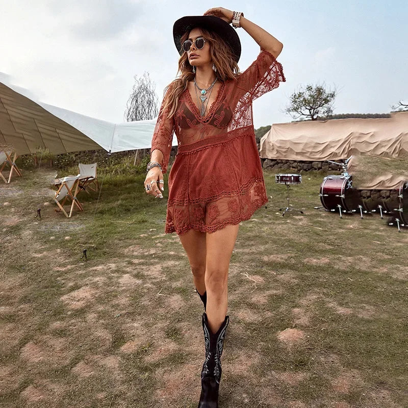 Lace Deep V-neck Floral Embroidery Boho Cover up