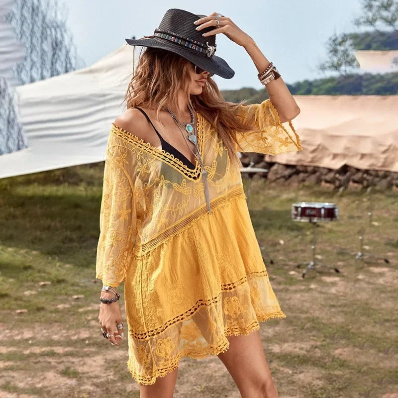 Lace Deep V-neck Floral Embroidery Boho Cover up