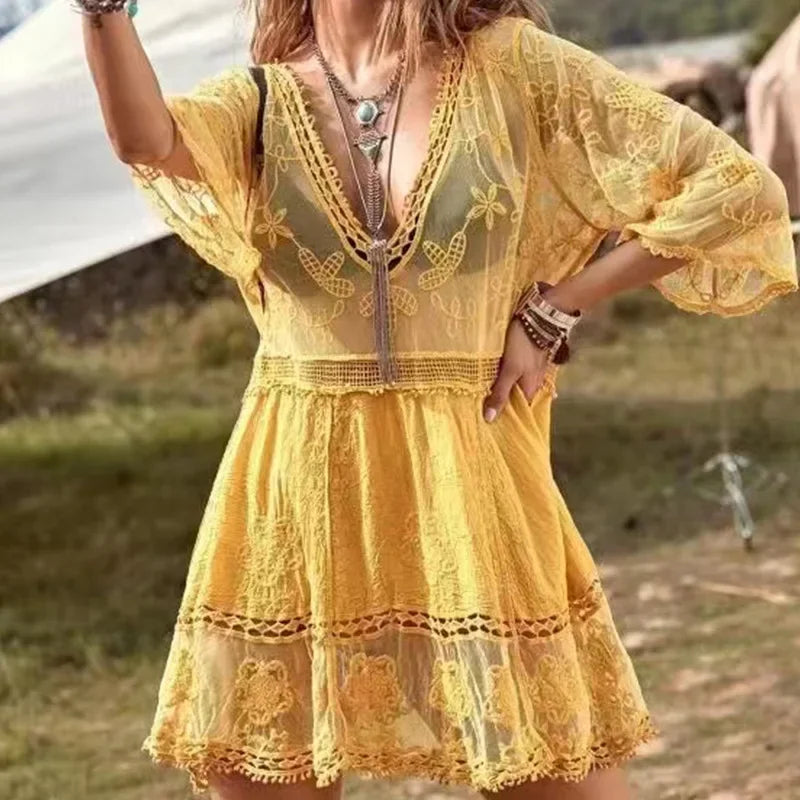 Lace Deep V-neck Floral Embroidery Boho Cover up