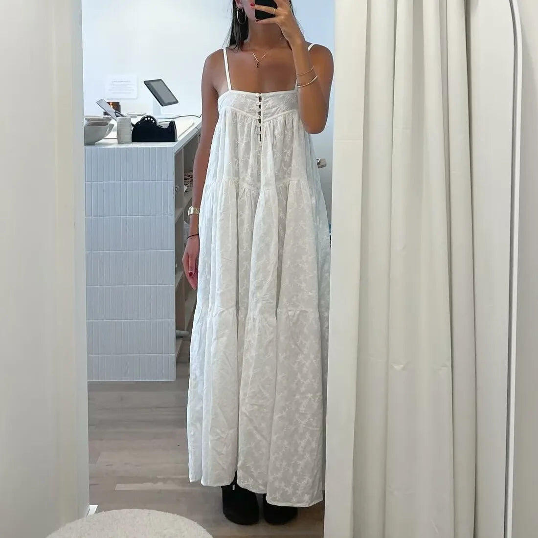 Eyelet Square Neck Tiered Maxi Dress 2