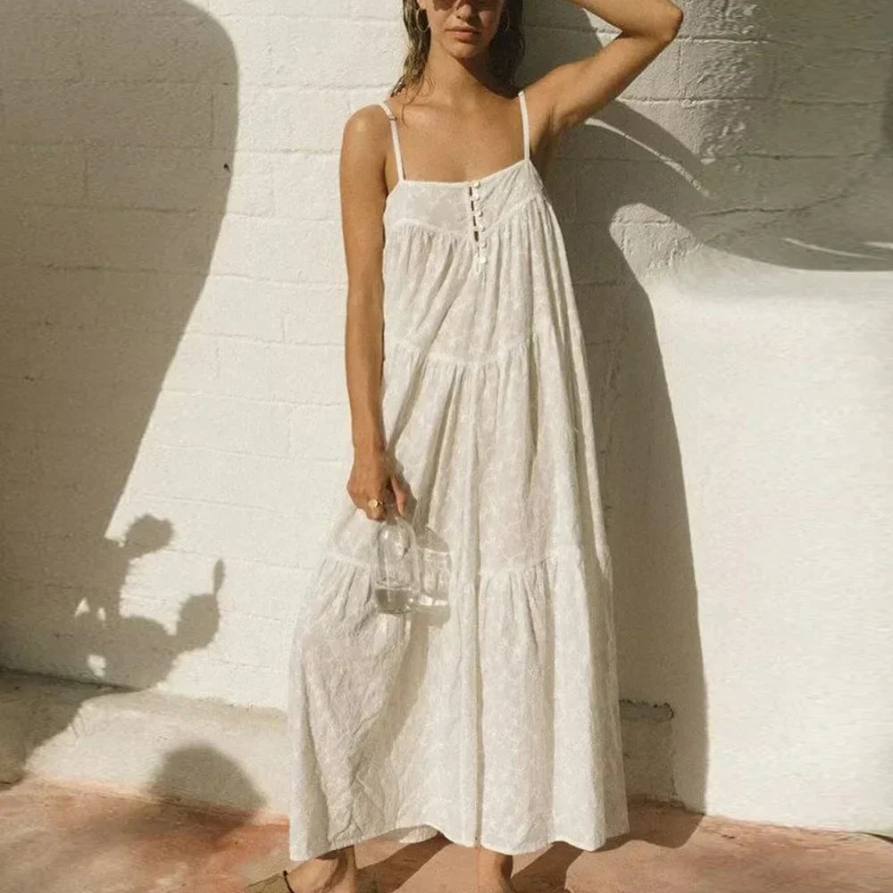 Eyelet Square Neck Tiered Maxi Dress