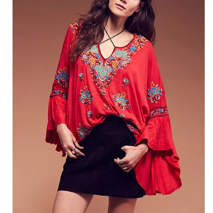 Floral Embroidered Flare Sleeve V-Neck Casual Boho Blouse