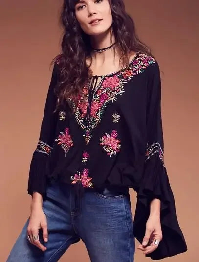 Floral Embroidered Flare Sleeve V-Neck Casual Boho Blouse Black / S bohoblouse-250126