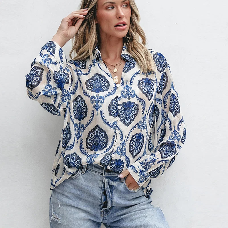 Blue Floral Printed Long Sleeve V-Neck Boho Blouse