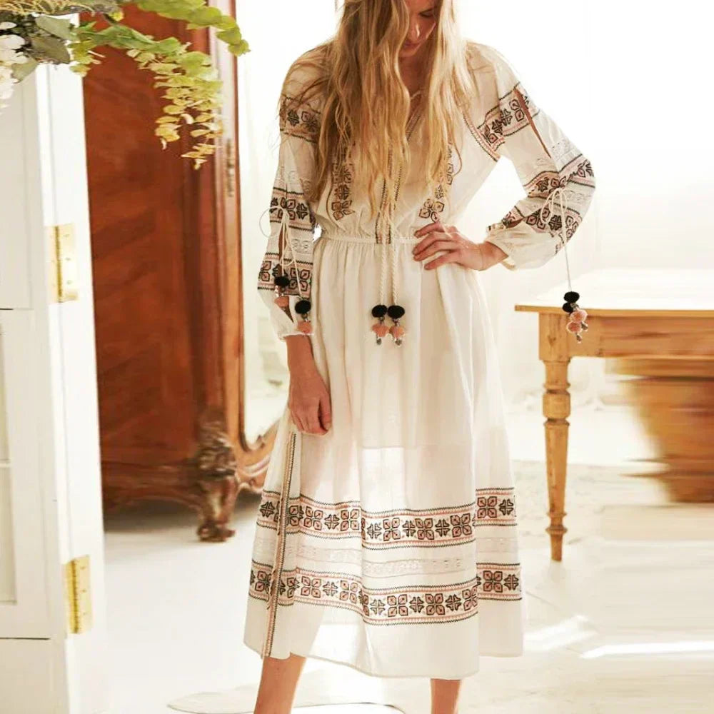 Embroidered V-Neck Long Sleeve Maxi Dress