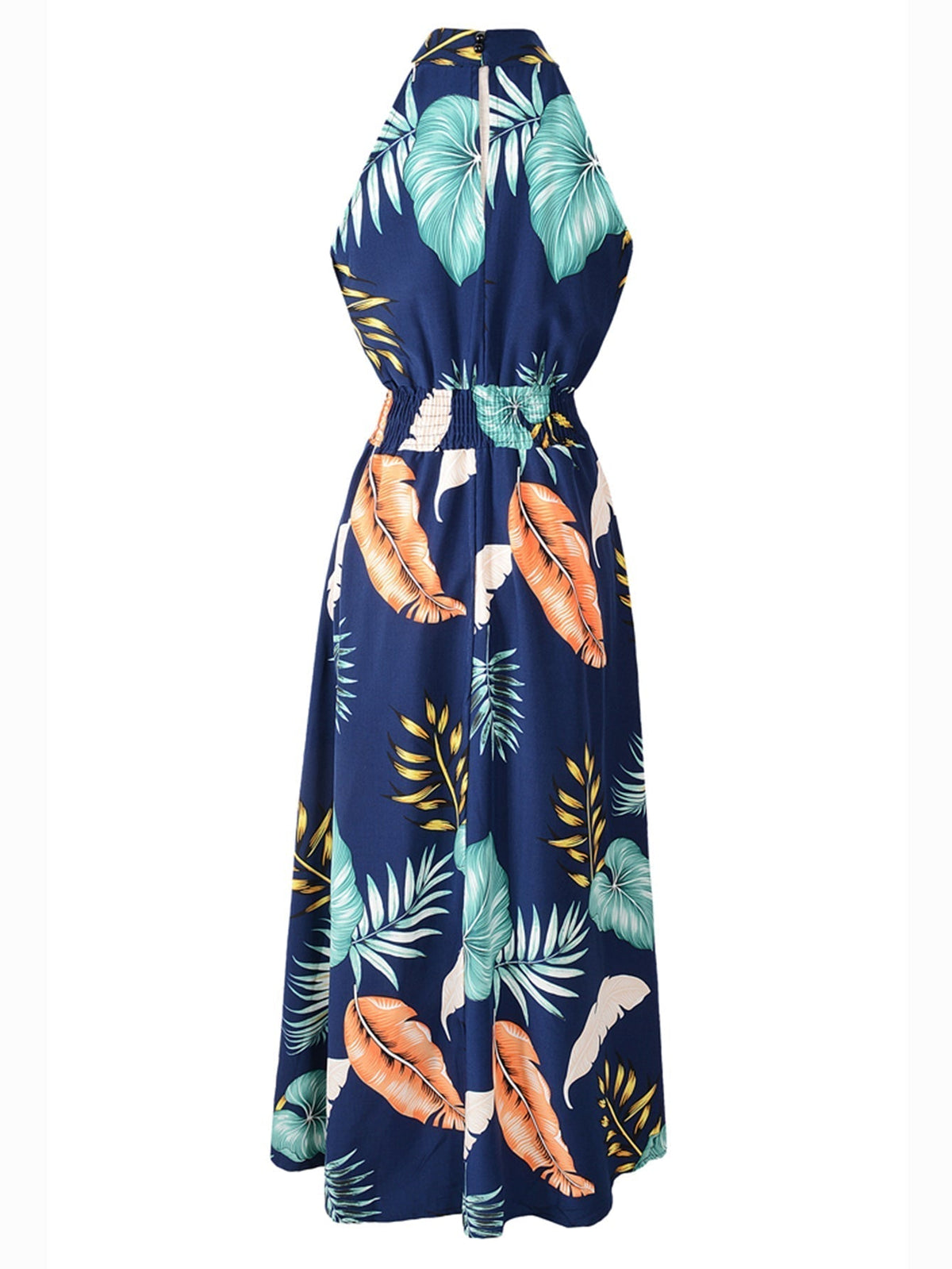Tropical Print Halter Neck Sleeveless Smocked Midi Dress