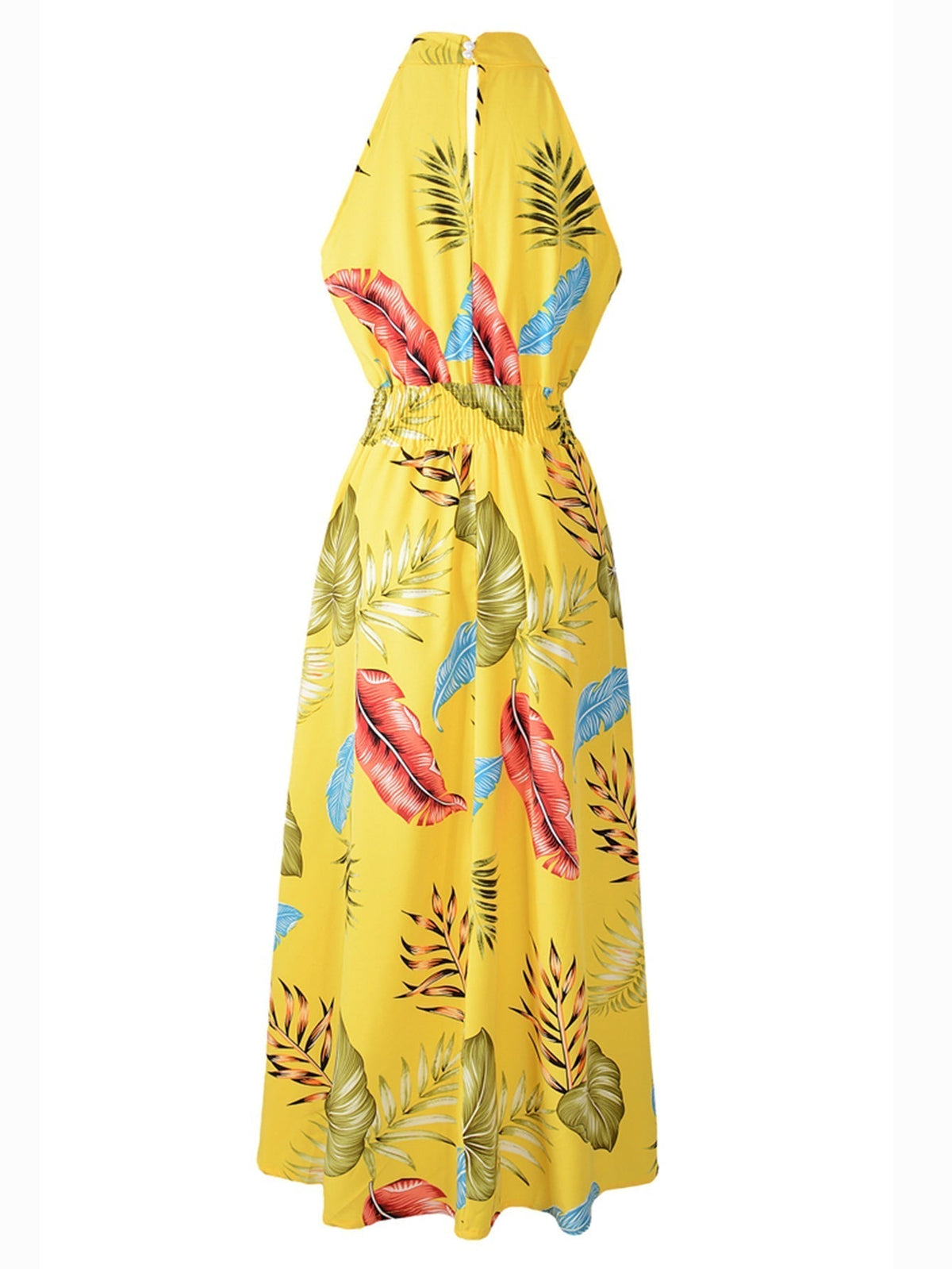 Tropical Print Halter Neck Sleeveless Smocked Midi Dress
