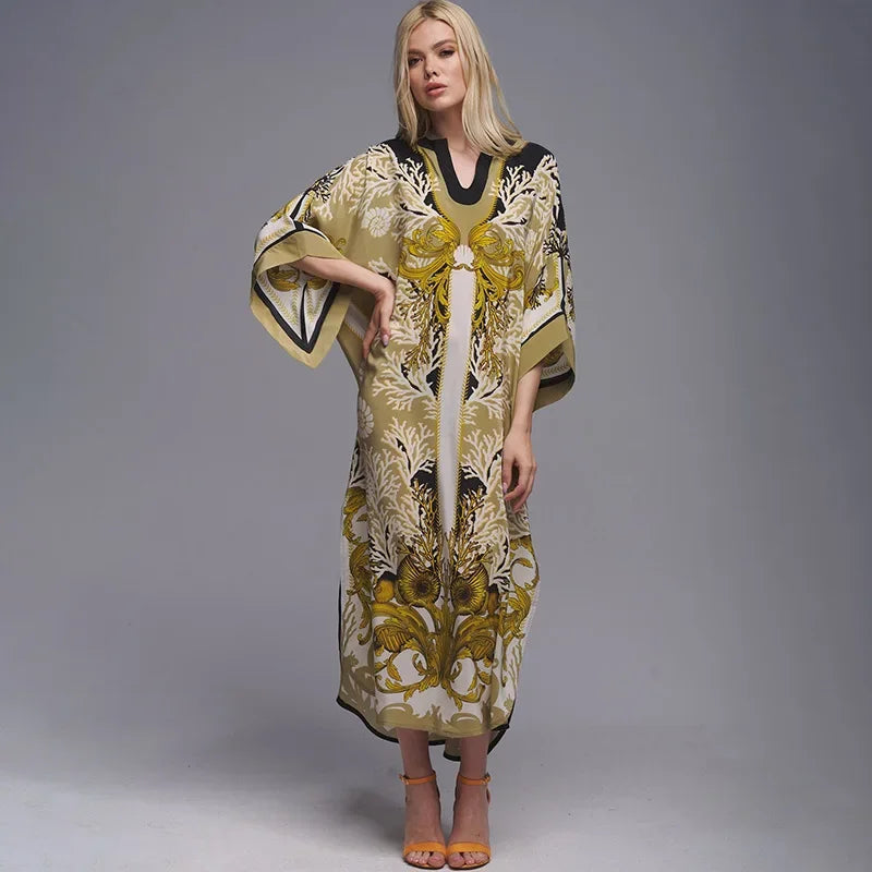 Floral Print Loose Kimono Boho Beach Cover up Gold / One Size bohocoverup-250126