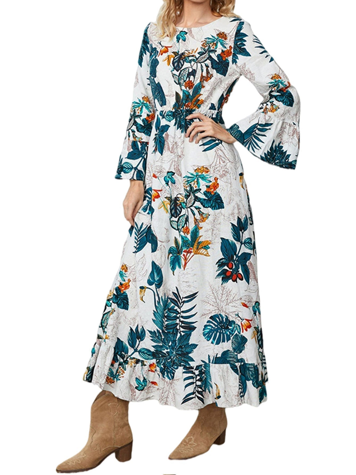 Floral Print Flare Sleeve Tiered Maxi Dress