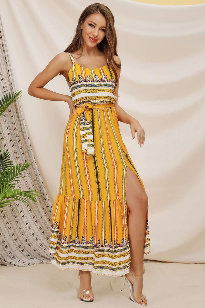 Boho Printed Lace-up Slit Spaghetti Straps Dress