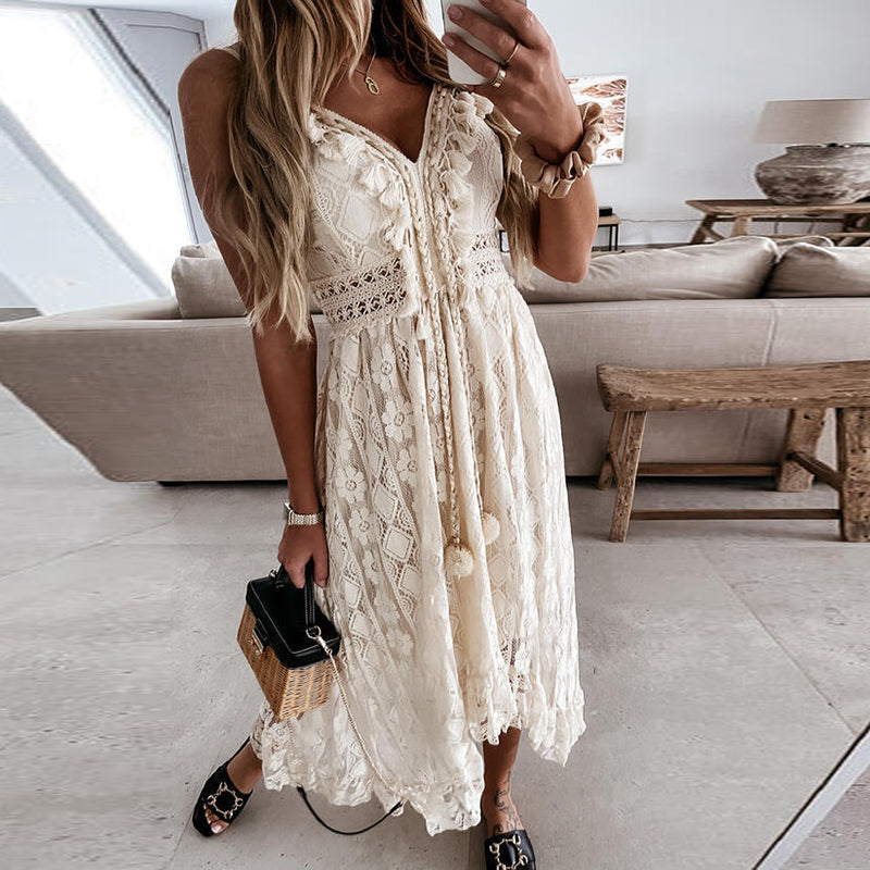 Lace Crochet Deep V-Neck Pom Pom Tie Tiered Maxi Dress - View 5