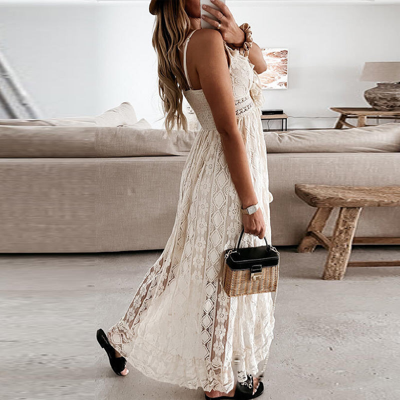 Lace Crochet Deep V-Neck Pom Pom Tie Tiered Maxi Dress - View 6