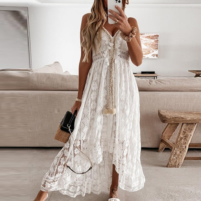 Lace Crochet Deep V-Neck Pom Pom Tie Tiered Maxi Dress