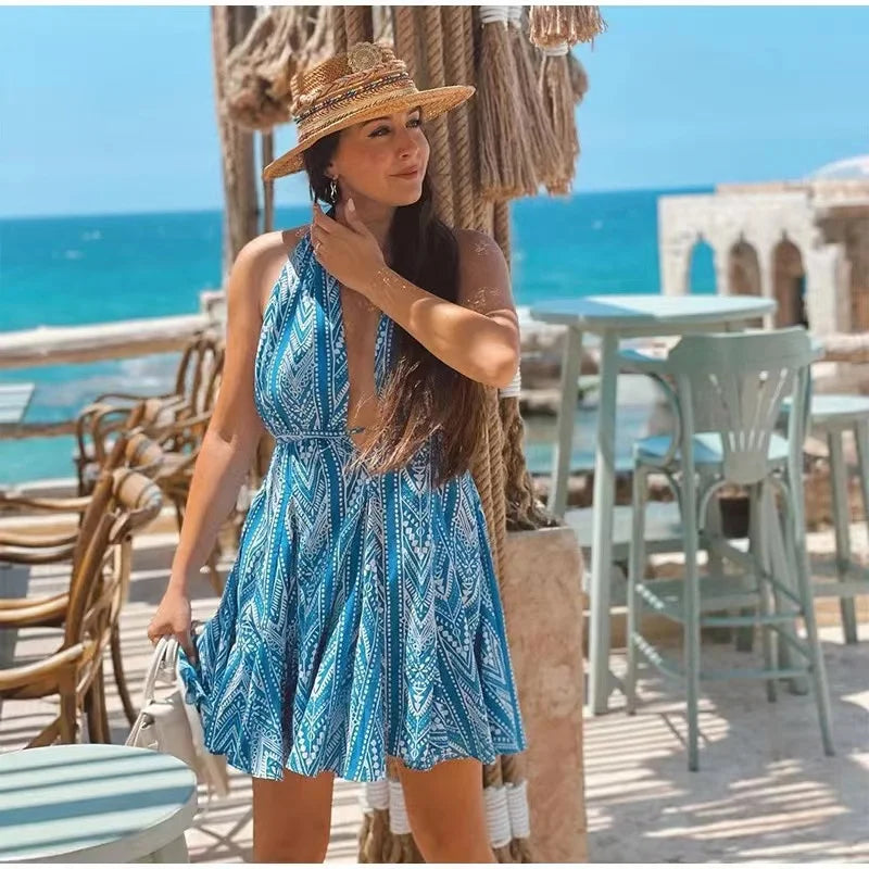 Geometric Print Halter Neck Plunge Pleated Mini Dress 4