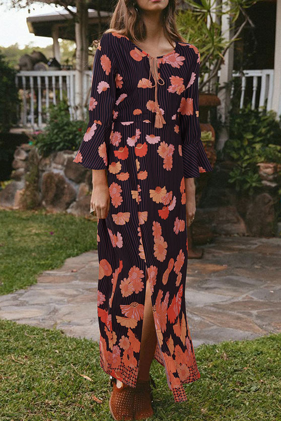 Boho Floral Print Slit Flare Sleeve Maxi Dress - Mislish