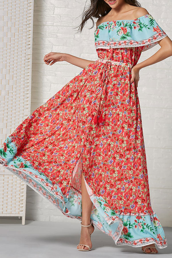 Boho Off-the-shoulder Print Ruffled Dress - Mislish