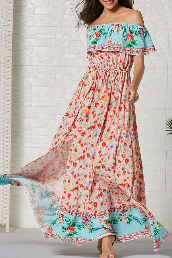 Boho Off-the-shoulder Print Ruffled Dress - Mislish