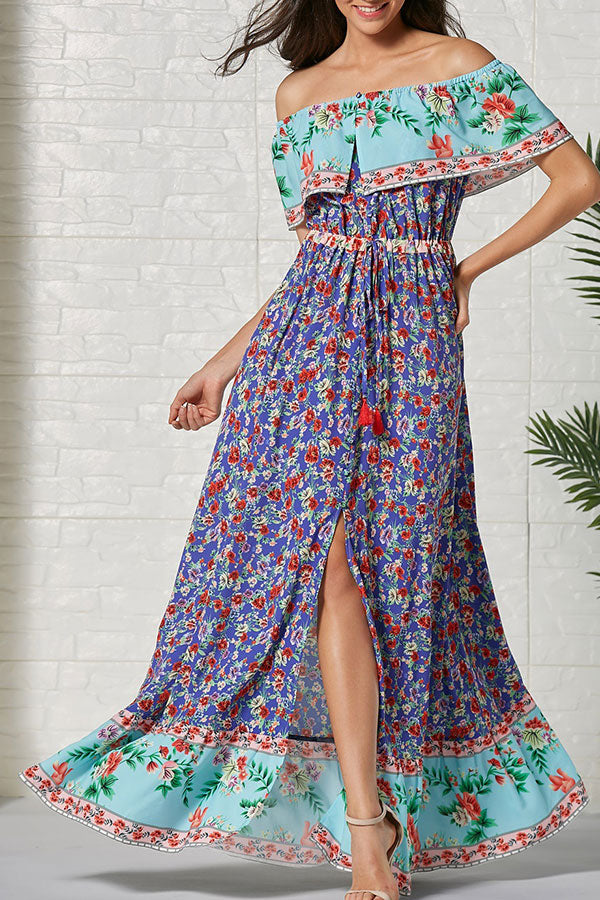 Boho Off-the-shoulder Print Ruffled Dress - Mislish