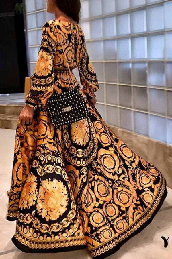 Boho V-neck Lace-up Vintage Printed Dress