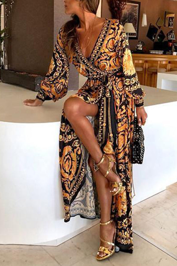 Boho V-neck Lace-up Vintage Printed Dress - Mislish