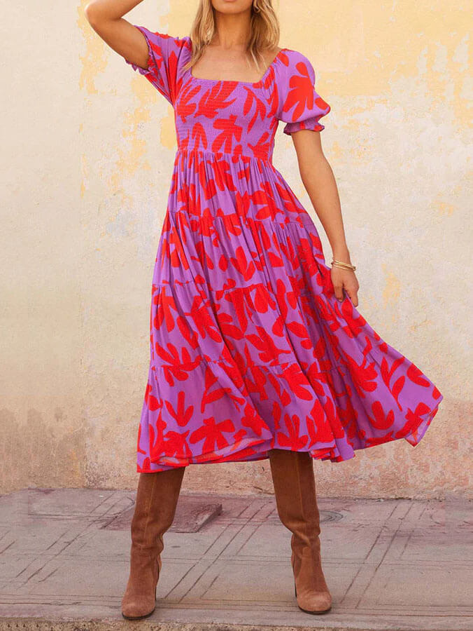Puff Sleeve Square Neck Printed Midi Dress - Fashionpara