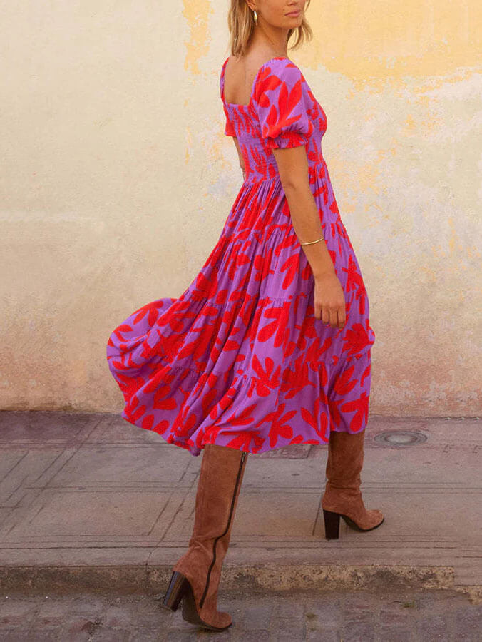 Puff Sleeve Square Neck Printed Midi Dress - Fashionpara