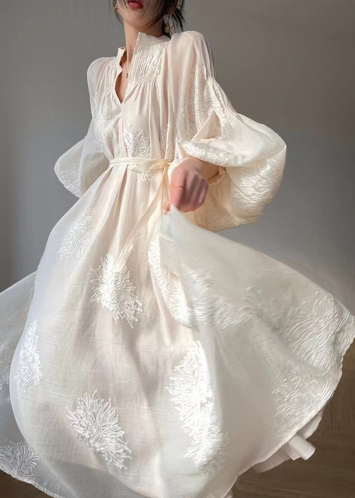 Chiffon Embroidered Floral Mandarin Collar Balloon Sleeve Maxi Dress - View 2