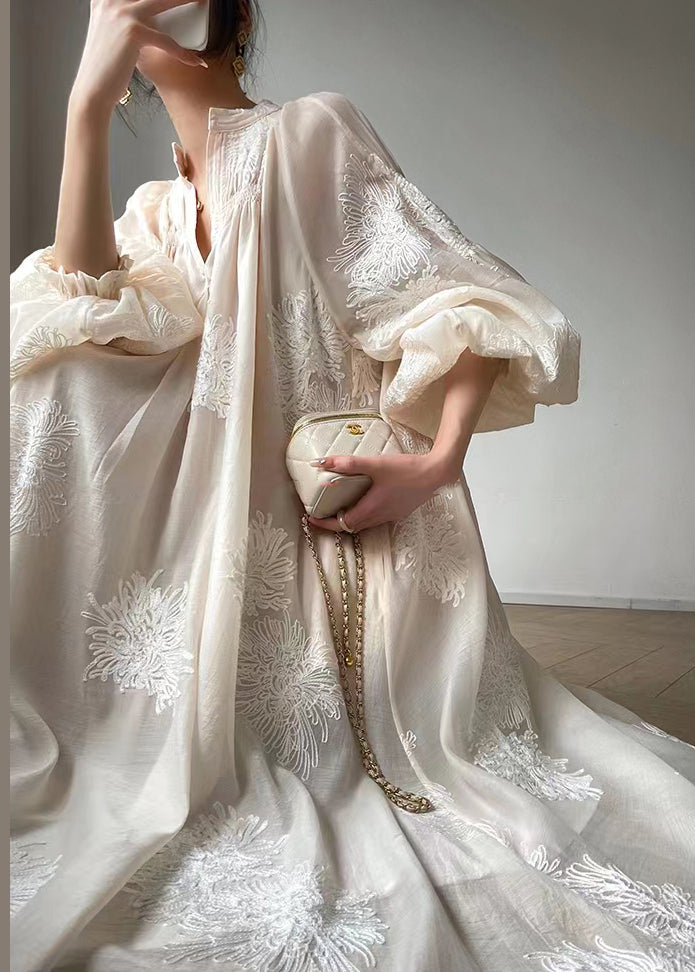Chiffon Embroidered Floral Mandarin Collar Balloon Sleeve Maxi Dress