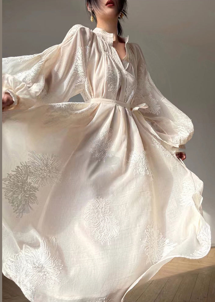 Chiffon Embroidered Floral Mandarin Collar Balloon Sleeve Maxi Dress - View 3