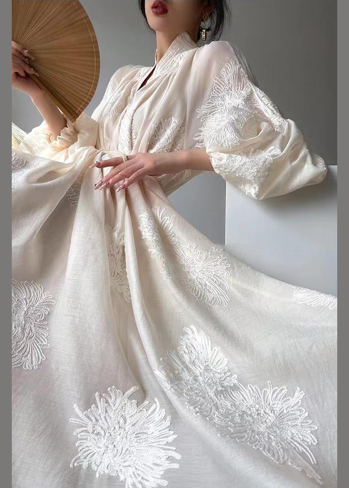 Chiffon Embroidered Floral Mandarin Collar Balloon Sleeve Maxi Dress - View 4