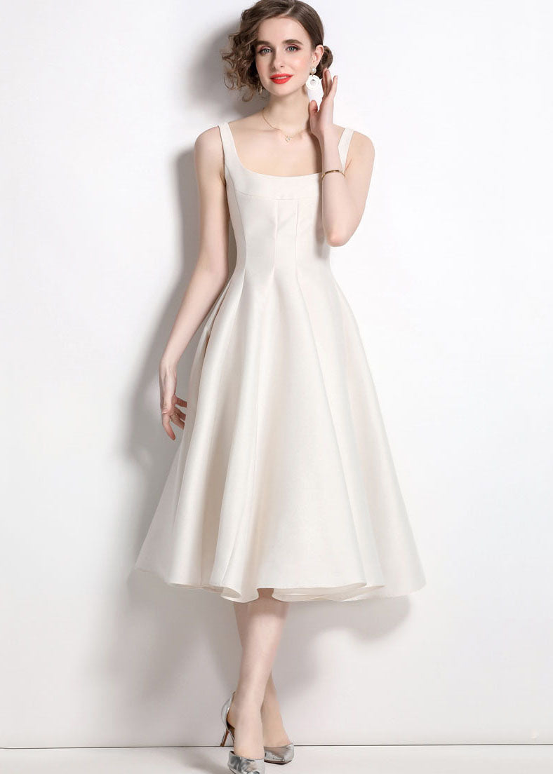 Satin Square Neck Sleeveless Box Pleat Fit and Flare A-Line Midi Dress